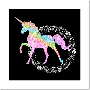 Sparkle rainbow unicorn white holiday wreath Posters and Art